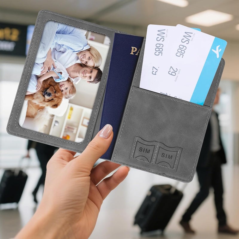 RHOttbiy Passport Holder for Travel, RFID Blocking Passport Cover with Pen Holder Leather Passport Wallet Case Travel Must Haves Accessories Passport Book Card Holder for Family Travel Essentials Gifts, Gray - Image 2